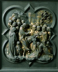Norra porten (kallad korsporten, i norr), exteriör detalj: "" ingången till Jerusalem"" Bronsskulptur gjord av Lorenzo Ghiberti (1378-1455)