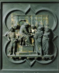 Norra porten (kallad korsporten, i norr), yttre detalj: "Kristus står inför Pontius Pilatus (Pontius Pilatius)" Bronsskulptur gjord av Lorenzo Ghiberti (1378-1455)