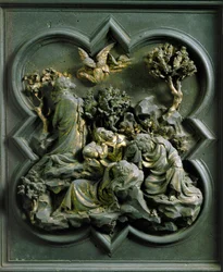 Norra porten (kallad korsporten, i norr), yttre detalj: "Kristi bön i olivernas trädgård"" Bronsskulptur gjord av Lorenzo Ghiberti (1378-1455)