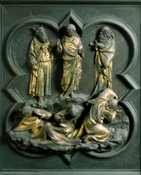 North Porte (kallad Gate of the Cross, i norr), exteriördetalj: "" the Transfiguration"" Bronsskulptur gjord av Lorenzo Ghiberti (1378-1455)