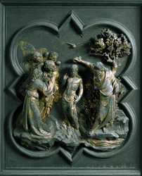 North Porte (kallad Gate of the Cross, i norr), exteriör detalj: "" Kristi dop"" Bronsskulptur gjord av Lorenzo Ghiberti (1378-1455)