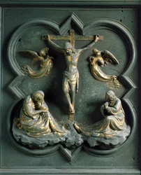 North Porte (kallad Gate of the Cross, i norr), exteriör detalj: "" crucifixion"" Bronsskulptur gjord av Lorenzo Ghiberti (1378-1455)