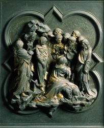 North Porte (kallas Gate of the Cross, i norr), exteriör detalj: "" Lazarus uppståndelse""" Bronsskulptur gjord av Lorenzo Ghiberti (1378-1455)