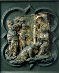 North Porte (kallad Gate of the Cross, till norr), exteriör detalj: Adoration of the Magi. Bronsskulptur gjord av Lorenzo Ghiberti (1378-1455)