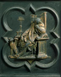 North Porte (kallad Gate of the Cross, mot norr), exteriör detalj: Saint John Evangelist. Bronsskulptur gjord av Lorenzo Ghiberti (1378-1455)