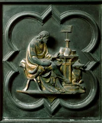 North Porte (kallad Gate of the Cross, mot norr), exteriör detalj: Saint Luke evangelist. Bronsskulptur gjord av Lorenzo Ghiberti (1378-1455)