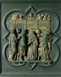 North Porte (kallad Porte de la Croix, i norr), exteriördetalj: "" Pentecote"" Bronsskulptur gjord av Lorenzo Ghiberti (1378-1455)