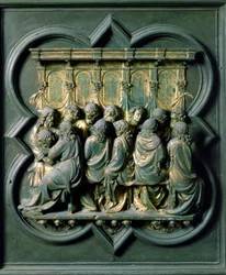 North Porte (kallad Porte de la Croix, i norr), exteriördetalj: "" la Cene"" Bronsskulptur gjord av Lorenzo Ghiberti (1378-1455)