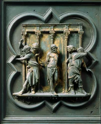 North Porte (kallad Porte de la Croix, i norr), exteriördetalj: "" la flagellation"" Bronsskulptur gjord av Lorenzo Ghiberti (1378-1455)