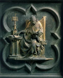 Norra porten (kallad Porte de la Croix, norr), exteriördetalj: Saint Ambrose. Bronsskulptur utförd av Lorenzo Ghiberti (1378-1455).