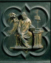 North Porte (kallad Porte de la Croix, i norr), exteriör detalj: Saint Mathieu. Bronsskulptur gjord av Lorenzo Ghiberti (1378-1455)