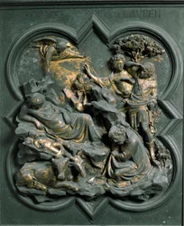 North Porte (kallad Porte de la Croix, i norr), exteriör detalj: Nativiten. Bronsskulptur gjord av Lorenzo Ghiberti (1378-1455)