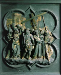 Porte Nord (kallad Porte de la Croix, i norr), exteriördetalj: "The Montee to Calvary"" Bronsskulptur gjord av Lorenzo Ghiberti (1378-1455)