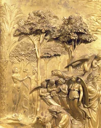 The Story of Adam, detalj av The Temptation of Adam and Eva, från en av de ursprungliga panelerna från East Doors of the Baptistery, 1425-52 restaurering av förgylld brons