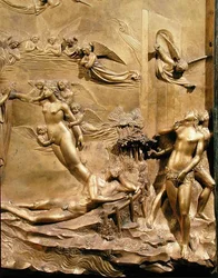 Berättelsen om Adam, detalj av Evas skapelse och Utdrivningen, från en av de ursprungliga panelerna från Baptisteriets östra dörrar