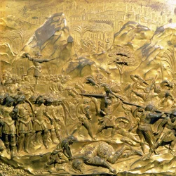 Berättelsen om David och Goliat, originalpanel från Baptisteriets östra dörrar, 1425-52 (förgylld brons) (efter restaurering)