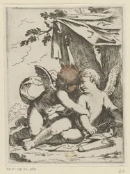 Två putti under en tältduk