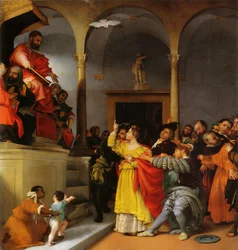 Sankta Lucias altare. Sankta Lucia inför domaren