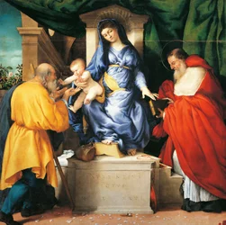 Madonna och barn på tronen med de heliga Giuseppe och Hieronymus, centralpanelen i altartavlan i San Francesco al Monte, cirka 1525, av Lorenzo Lotto (1480 ca-1556), olja på duk