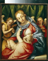 Jungfrun som diar. (Madonna Del latte). Målning av Lorenzo Lotto (1480-1556), olja på duk, cirka 1520. Italiensk konst (Venedig)