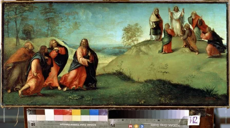 Kristus leder apostlarna till berget Tabor. Platsen för Kristi förvandling i Israel. Målning av Lorenzo Lotto (1480-1556)