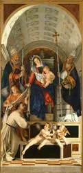Madonna med barnet och heliga Dominic, Gregory och Urban, huvudbord av San Domenico altartavla från Recanati av Lorenzo Lotto (1480 ca-1556), olja på duk, 227x108 cm