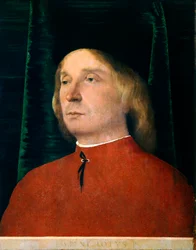 Porträtt av ung man i röd kostym av Lorenzo Lotto (1480 ca 1556), olja på panel, 40x32 cm