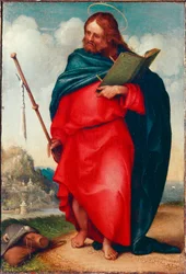 Representation av den helige Jakob Pelerin Detta är den helige Jakob majoren eller den helige Jakob, son till Zebedeus. Målning av Lorenzo Lotto (ca 1480-1556) 1510-1512 Dim. 20x15 cm Recanati, Pinacoteca