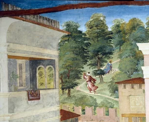 Sankta Barbara jagas genom skogen, Christ-Vine och Legend of Saint Barbara av Lorenzo Lotto (ca 1480 - 1556), fresk, detalj Villa Suardi, Suardi Chapel, Trescore Balneario, Italien