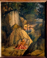Saint Jerome mediterar i öknen. Målning av Lorenzo Lotto (1480 - 1556) Ec. Ital.