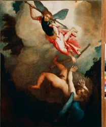 Sankt Mikael jagar Lucifer. Målning av Lorenzo Lotto (1480-1556), 1551-1555. Sol. 167 x 135 cm, Loreto, Palazzo Apostolico