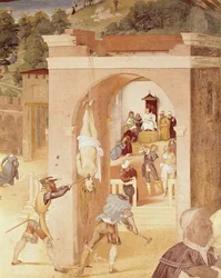 Scener från St. Barbaras liv, detalj av St. Barbara överlämnades till den romerske prelaten, Marcian, och sedan torterades, 1523-24
