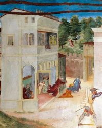 St Barbara attackerad av sin far, detalj från Christ-Vine and Legend of Saint Barbara av Lorenzo Lotto (cirka 1480 - 1556), fresk, detalj, Villa Suardi, Capella Suardi, Trescore Balneario