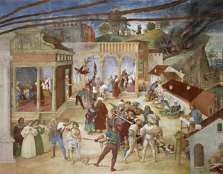 St Barbara leds genom stadens gator, detalj från Christ-Vine och Legend of Saint Barbara av Lorenzo Lotto (cirka 1480 - 1556), fresk, detalj, Villa Suardi, Capella Suardi, Trescore Balneario