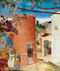 St Barbara i tornet, detalj från Christ-Vine and Legend of Saint Barbara av Lorenzo Lotto (cirka 1480 - 1556), fresk, detalj, Villa Suardi, Capella Suardi, Trescore Balneario