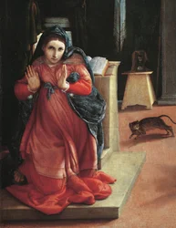 Bebådelsen”” Detalj av Jungfrumålningen av Lorenzo Lotto (1480-1556) 1535 Pinacoteca Civica, Recanati, Italien