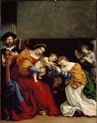 St. Katarinas mystiska bröllop Det mystiska bröllopet av St. Katarina av Alexandria” Till vänster Niccolo Bonghi, målarens hyresvärd. Målning av Lorenzo Lotto (ca 1480-1556) 1523 Dim. 189 x 134 cm Bergamo, Accademia Carrara