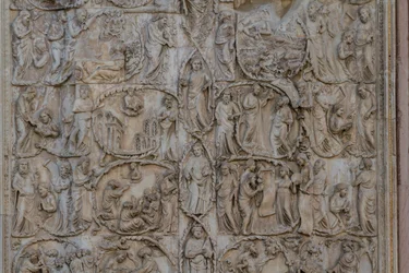 Jesse-träd och messianska profetior, Stories of Genesis, basreliefer av Lorenzo Maitani (före 1275-1330), andra pelaren, fasaden på Orvieto-katedralen, Umbrien, Italien