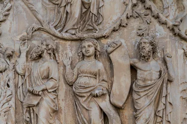 Profeter, detalj från Jesse-trädet och messianska profetior, Berättelser om Genesis, basreliefer av Lorenzo Maitani (före 1275-1330), andra pelaren, fasaden på Orvieto-katedralen, Umbrien, Italien