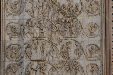 Scener från Kristi liv, Berättelser från Nya testamentet, basreliefer av Lorenzo Maitani (före 1275-1330), tredje pelaren, fasaden på Orvieto-katedralen, Umbrien, Italien