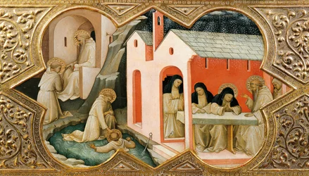 Altartavla för Jungfruns kröning (Incoronazione della Vergine). Detalj som representerar scener från St. Benedictus av Nursias liv