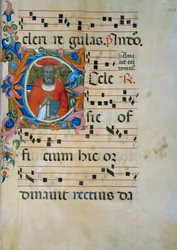 Upplyst initial med figuren San Girolamo (Corale 5, ca 138), för körbok 5 av Santa Maria degli Angeli