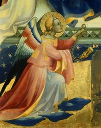 Knäängel, detalj från centralpanelen av Coronation of Virgin av Lorenzo Monaco (cirka 1370-1425), tempera och guld på panel, 506x447, 5 cm