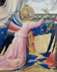 Knäängel, detalj från centralpanelen av Coronation of Virgin av Lorenzo Monaco (ca 1370-1425), tempera och guld på panel, 506x4475 cm