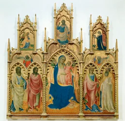 Madonna och Jesusbarnet, helgon; överst: Bebådelsen (tempera på trä)