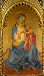 Jungfrun och barnet. Målning av Lorenzo Monaco (1365/70-1425). Mått: 0,92 x 0,54 m.