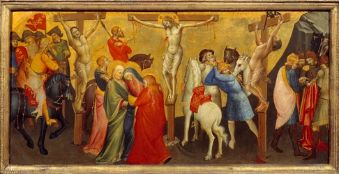 Den centrala panelen för korsfästelsen på altartavlans predelle är avsedd för Nobili-kapellet i kyrkan Santa Maria degli Angeli i Florens. Målning av Lorenzo Monaco (1365/70 - 1425)