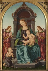 Madonnan och barnet med spädbarnet Sankt Johannes Döparen och två änglar - Madonnan och barnet med spädbarnet Sankt Johannes och två änglar, av Lorenzo di Credi (1459-1537). Olja på trä. Mått: 66,5x43,5cm. Nationalmuseum Stockholm