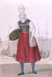 Traditionell dräkt av en fiskförsäljare av Dieppe, graverad av Gatine c.1820 (färggravyr)