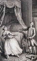 Par framför sängen i sovrummet - i "Les francaises ou 34 exempel valda i de nuvarande sederna lämpliga att leda döttrar, kvinnor, hustrur, mödrar" av Restif de La Bretonne (1734-1806), ill. av Binet, Neufchatel